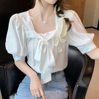 Puff-sleeve Square-neck Bow Plain Chiffon Blouse