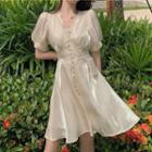Puff-sleeve Silky A-line Dress