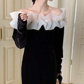 Long-sleeve Off-shoulder Ruffled Midi A-line Dress Black - One Size