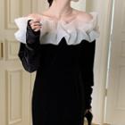 Long-sleeve Off-shoulder Ruffled Midi A-line Dress Black - One Size