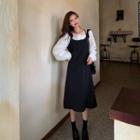 Long-sleeve Lace-trim Blouse / Midi A-line Pinafore Dress