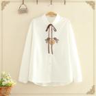 Tie-neck Bee Embroidered Long-sleeve Shirt White - One Size