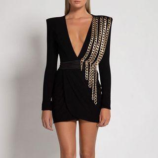 Long-sleeve V-neck Chain Strap Mini Sheath Dress