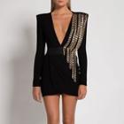 Long-sleeve V-neck Chain Strap Mini Sheath Dress