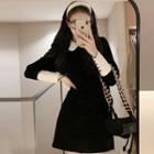 Long-sleeve Contrast Collar Velvet Mini Dress Black - One Size