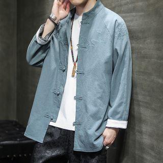 Embroidered Frog-buttoned Stand Collar Shirt