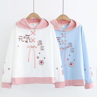 Two-tone Panel Print Lace-up Hoodie