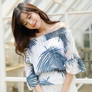 Leaf Print Off Shoulder Elbow Sleeve Top