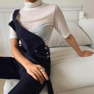 Turtle-neck Short-sleeve See-through Top