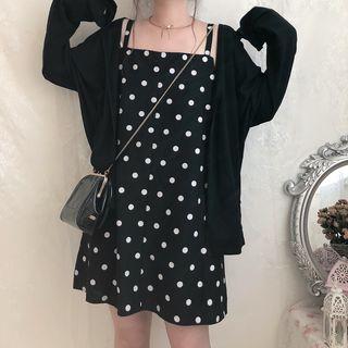 Hooded Cardigan / Spaghetti-strap Polka Dot Minidress