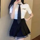 Short-sleeve Logo Shirt With Tie / Pleated Mini A-line Skirt