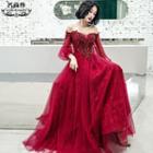 Off-shoulder Mesh-sleeve A-line Evening Gown