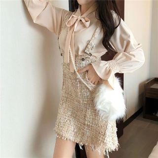 Bell-sleeve Blouse / Suspender Mini Tweed Skirt