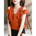 Short-sleeve Cold Shoulder Ruffled Blouse