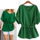 Elbow-sleeve V-neck Tie-waist Blouse