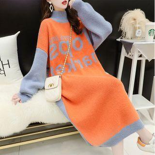 Mock-neck Two-tone Lettering Knit Midi Dress