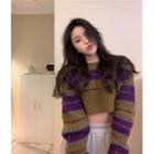 Striped Crop Knit Top Stripe - Green & Purple - One Size