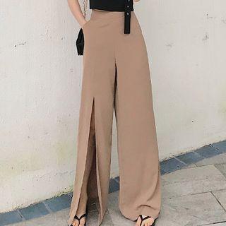 Slit-side High-waist Plain Wide-leg Pants