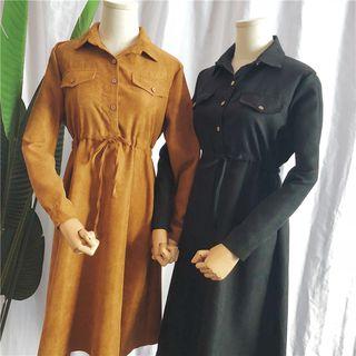 Corduroy Collared Long-sleeve Midi A-line Dress