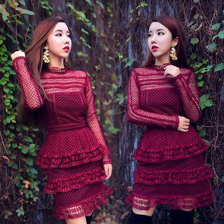 Long-sleeved Stand Collar Cutout Lace Sheath Dress
