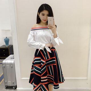 Set: Off-shoulder Contrast-stripe Top + A-line Skirt
