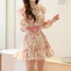 Tie-neck Frilled Floral Chiffon Dress With Belt Beige - One Size