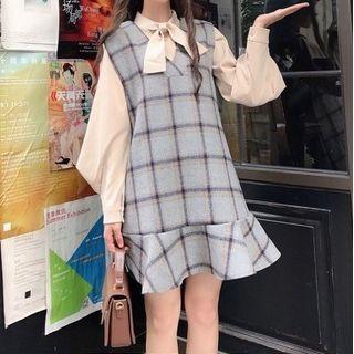 Ribbon Tie-neck Blouse / Plaid Mini A-line Pinafore Dress