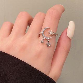 Moon & Star Rhinestone Alloy Open Ring White - One Size