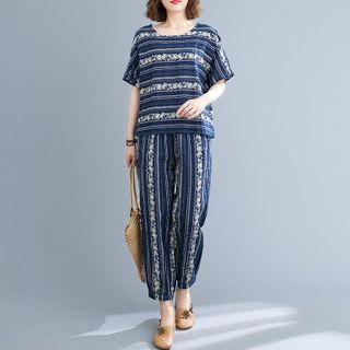Set: Elbow-sleeve Print Linen Top + Straight-leg Pants