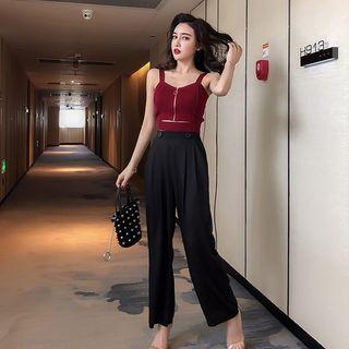 Set: Sleeveless Top + Jacket + High-waist Wide-leg Pants