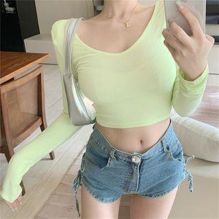 Long-sleeve Plain Slim-fit Cropped T-shirt
