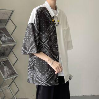 Elbow-sleeve Patterned Panel Shirt
