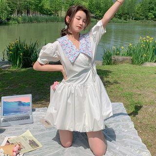 Lantern-sleeve Printed Chelsea Collar Mini A-line Bubble Dress