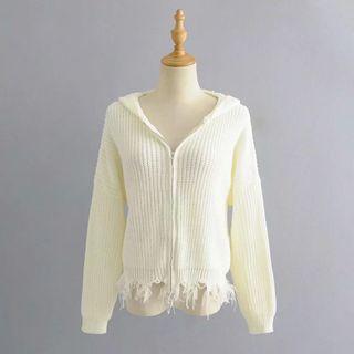 Distressed Hooded Zip-up Cardigan