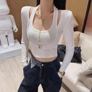 Mock Two-piece Halter-neck Buckled T-shirt