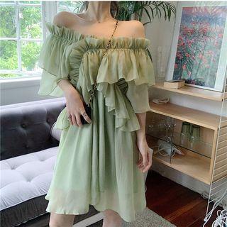 3/4-sleeve Ruffled Mini Chiffon Dress Green - One Size