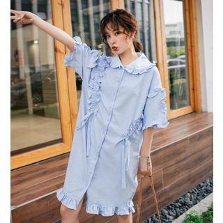 Ruffle Trim Elbow-sleeve Shirt Dress