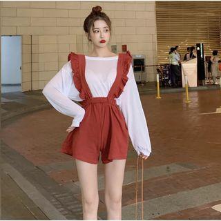 Plain Long-sleeve T-shirt / Ruffle Suspender Shorts