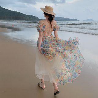Puff-sleeve Cold-shoulder Floral Midi Sundress