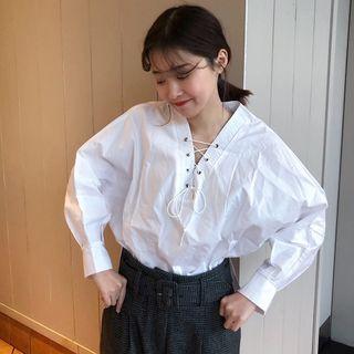 Plain V-neck Lace-up Long-sleeve Loose-fit Blouse