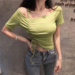 Short-sleeve Off-shoulder Drawstring Top