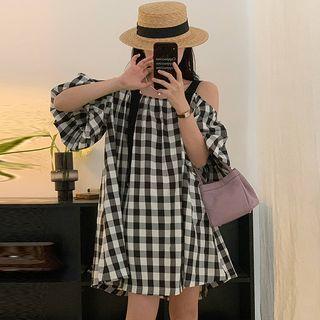 Puff Sleeve Cold Shoulder Check A-line Dress