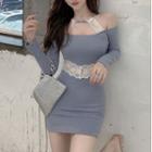 Long-sleeve Choked Lace Trim Mini Sheath Dress