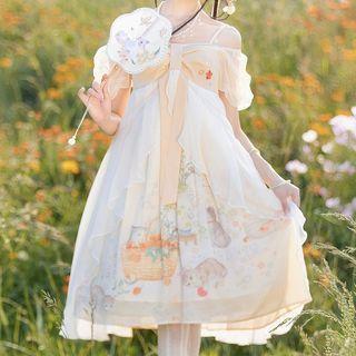 Short-sleeve Square-neck Flower A-line Dress