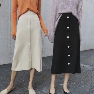 Button-up Knit Midi A-line Skirt