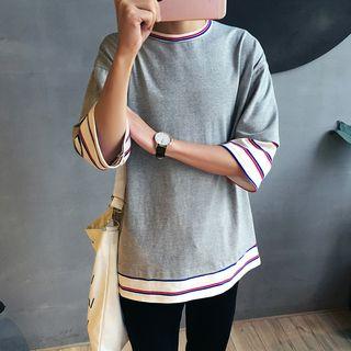 Mock Two Piece Striped Panel 3/4 Sleeve T-shirt