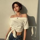 Off-shoulder Tie-front T-shirt White - One Size