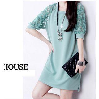 Elbow-sleeve Lace Panel Mini Dress