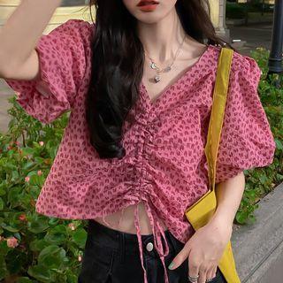 Short-sleeve Leopard Print Drawstring Blouse