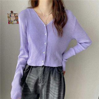 Long-sleeve V-neck Button-up Plain Light Cardigan Jacket